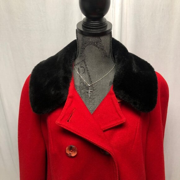 Davis of Boston Red Wool Black Faux Fur Coat Womens Custom Size Large XL Vintage - Picture 2 of 6